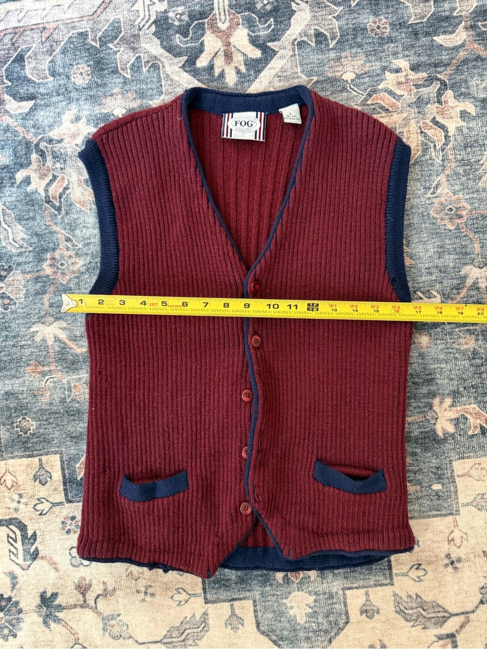 Vintage FOG Cardigan Sweater Vest Men’s Large Burgundy Navy Button Front Preppy